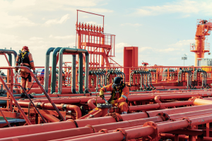 Crew working on deck surrounded by red pipelines and valves, wearing safety harnesses and protective gear.