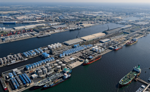 Overview of Odfjell Noord Natie port facility in Antwerp with chemical storage tanks and shipping vessels.