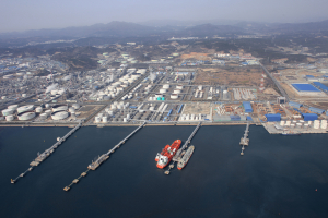 Panoramic aerial of Odfjell Terminals Korea chemical tank farm with vessels at the dock.